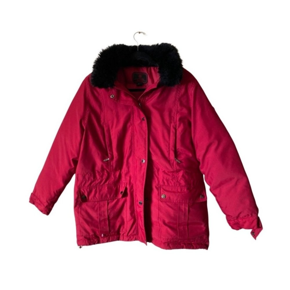 Lauren Womens Faux Fur Collar Long Sleeve Button Front Jacket Red Size P/M